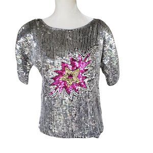 Vintage Womens Blouse 100% Silk Silver Sequin Floral Top 80's Lined Size L